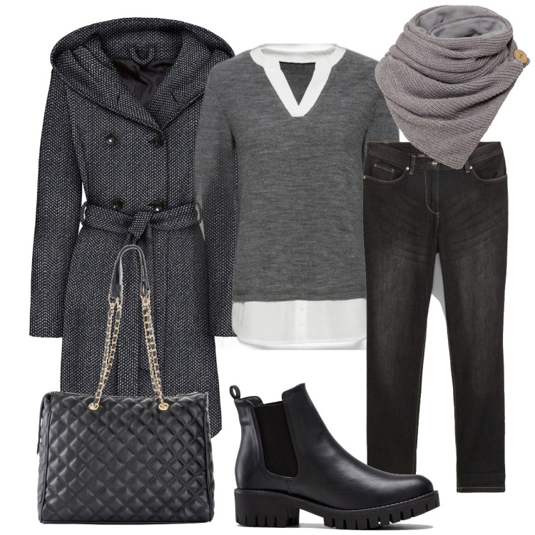 Outfit donna - Total look tutte le sfumature di grigio. Stile Basic per Tutti i giorni. Abbinamento con jeans boyfriend, stivaletti chelsea, foulard, shopping bag, cappotti, maglieria.