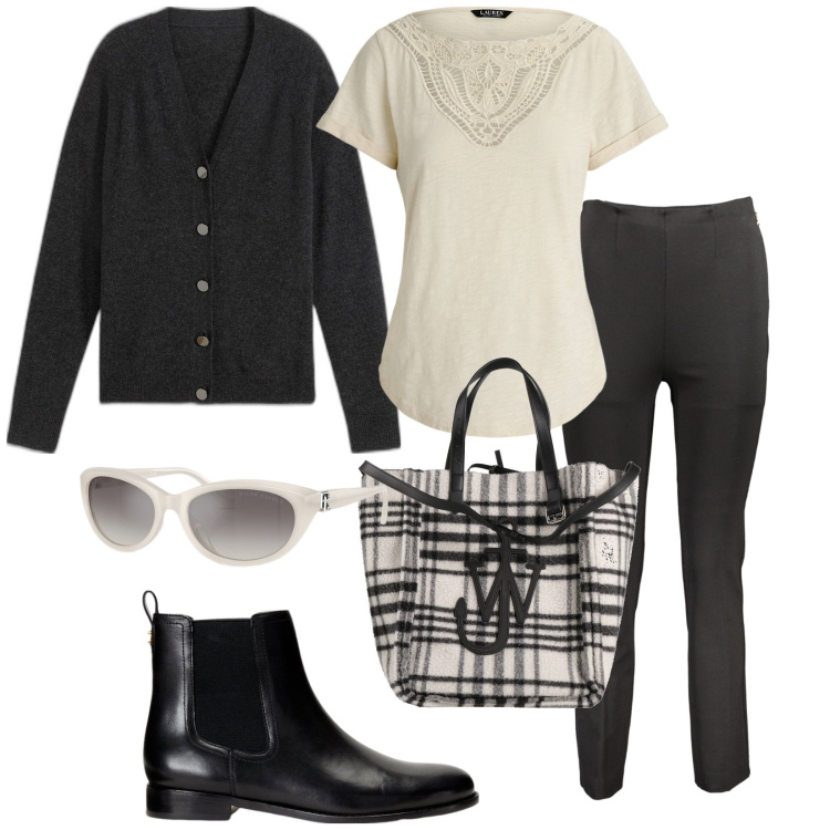 Outfit donna - Total look #1994989. Stile Casual per Tutti i giorni. Abbinamento con cardigans, borse a mano, occhiali da sole, stivaletti chelsea, t-shirt, pantaloni.