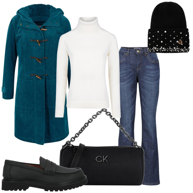 Outfit donna - Freddo per la giornata. Stile Trendy per Tutti i giorni. Abbinamento con montgomery, jeans bootcut, mocassini, borse a mano, berretti, maglieria.