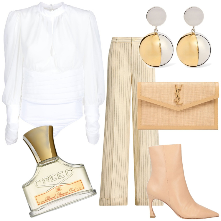 Outfit donna - Body in georgette. Stile Chic per Cerimonia. Abbinamento con stivaletti, profumi, body, pantaloni, pochette, orecchini.