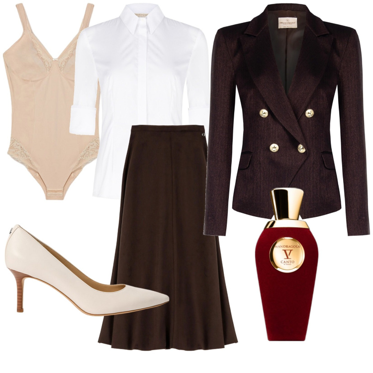 Outfit donna - In conferenza. Stile Chic per Ufficio. Abbinamento con profumi, gonne longuette, blazer, camicie, décolleté, body.