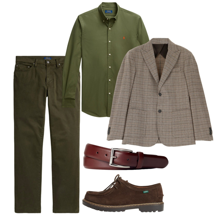 Outfit uomo - Novembre oliva. Stile Business/Elegante per Ufficio. Abbinamento con giacche, cinture, camicie, pantaloni, scarpe stringate.