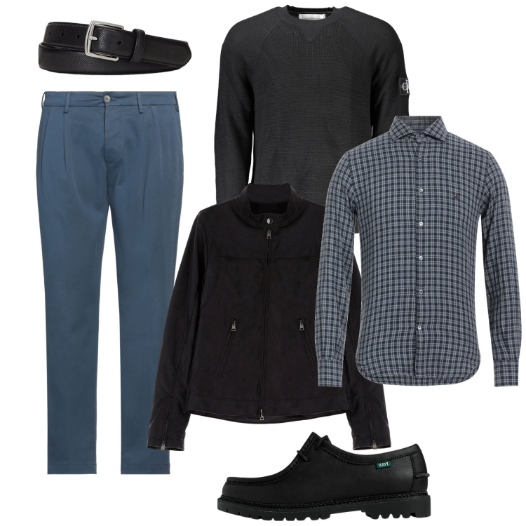 Outfit uomo - Serata relax. Stile Casual per Serata speciale. Abbinamento con pantaloni chino, camicie, giacche, cinture, scarpe stringate, maglieria.