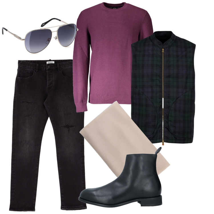 Outfit uomo - Novembre. Stile Casual per Tutti i giorni. Abbinamento con stivali e stivaletti, jeans slim fit, sciarpe, piumini, maglieria, occhiali da sole.