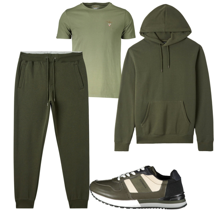 Outfit uomo - Green sport. Stile Urban per Sport. Abbinamento con pantaloni, felpe con cappuccio, sneakers, t-shirt.