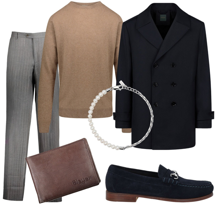 Outfit uomo - Tu come stai oggi?. Stile Business/Elegante per Ufficio. Abbinamento con scarpe stringate, braccialetti, maglieria, pantaloni, portafogli, caban.