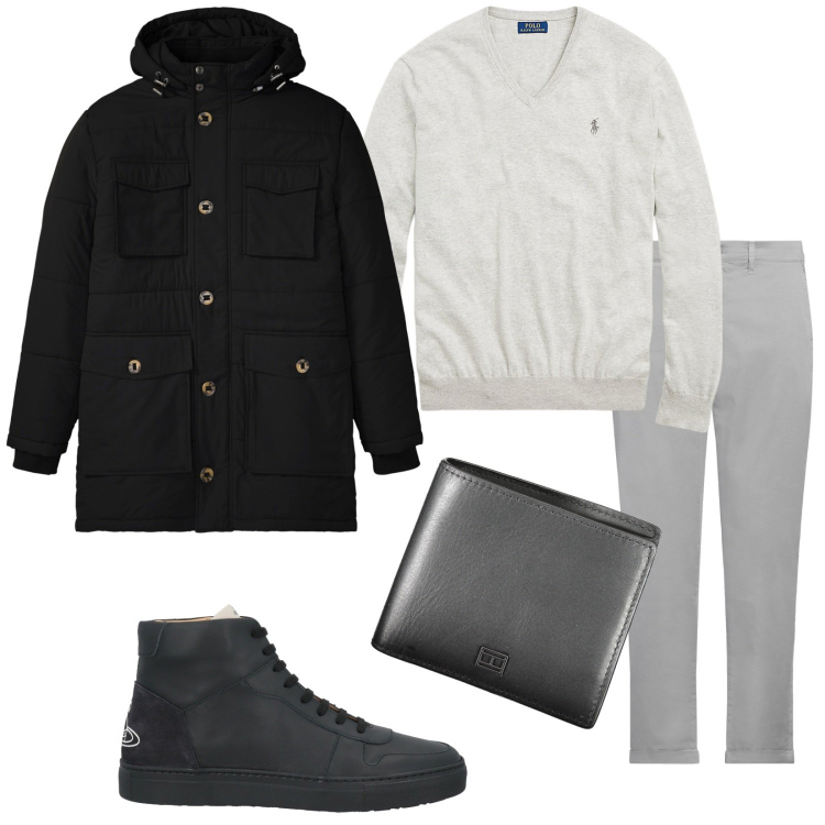 Outfit uomo - Portafogli in pelle. Stile Casual per Tutti i giorni. Abbinamento con parka, pantaloni chino, sneakers alte, maglieria, portafogli.