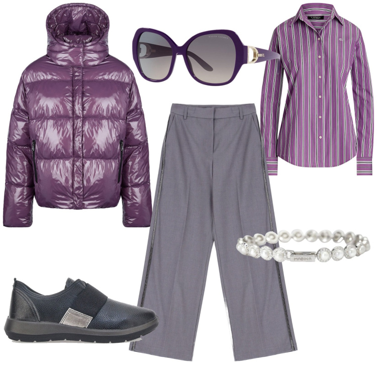 Outfit donna - I pantaloni larghi. Stile Trendy per Tutti i giorni. Abbinamento con braccialetti, pantaloni, camicie, occhiali da sole, blazer, pantofole.