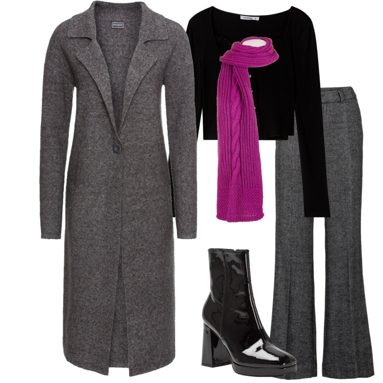 Outfit donna - Un tocco fucsia. Stile Casual chic per Ufficio. Abbinamento con pantaloni a palazzo, cappotti, cardigans, stivaletti, sciarpe.