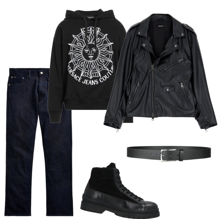Outfit uomo - Ecopelle. Stile Casual per Tutti i giorni. Abbinamento con cinture, stivali e stivaletti, felpe con cappuccio, giacche, jeans dritti.