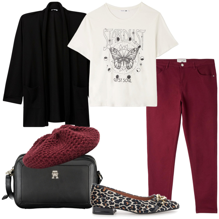 Outfit donna - Un pò French Style. Stile Romantica per Tutti i giorni. Abbinamento con pantaloni, cappelli e berretti, blazer, t-shirt, ballerine, borse a tracolla.