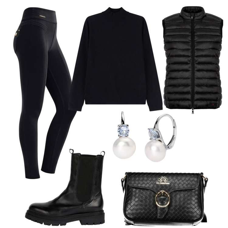 Outfit donna - I pantaloni per l\'autunno. Stile Basic per Tutti i giorni. Abbinamento con orecchini, maglieria, pantaloni skinny, piumini, borse a tracolla, stivaletti chelsea.