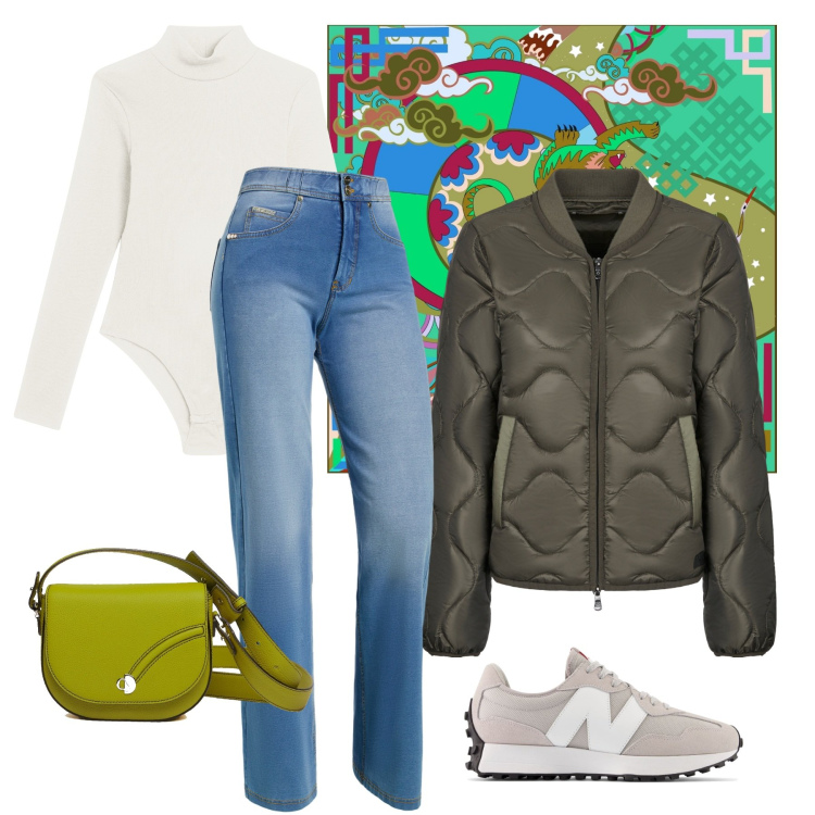 Outfit donna - Per i primi freddi. Stile Minimal per Tutti i giorni. Abbinamento con sneakers, jeans, body, blazer, borse a tracolla, foulard.