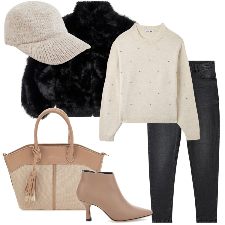 Outfit donna - Berretto in maglia. Stile Chic per Serata fuori. Abbinamento con maglieria, cappelli, jeans skinny, ecopellicce, stivaletti, borse a tracolla.