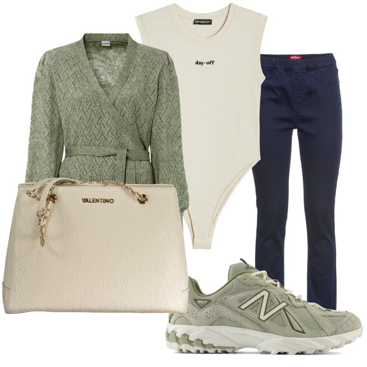 Outfit donna - Le Sneakers verde oliva. Stile Casual per Tutti i giorni. Abbinamento con maglieria, jeggings, sneakers, body, borse a spalla.