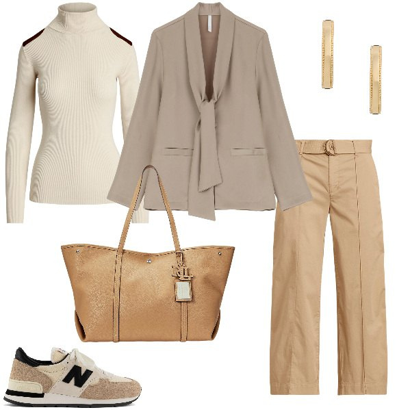 Outfit donna - Total look #1995101. Stile Casual chic per Ufficio. Abbinamento con sneakers, blazer, maglieria, pantaloni, borse tote, orecchini.