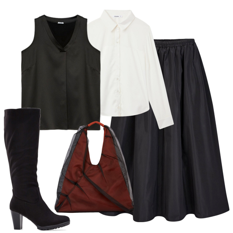 Outfit donna - City. Stile Urban per Tutti i giorni. Abbinamento con stivali, camicie, gonne lunghe, top, shopping bag.