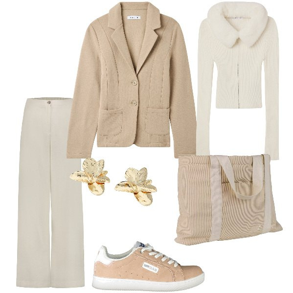 Outfit donna - Total look #1995105. Stile Casual chic per Tutti i giorni. Abbinamento con cardigans, blazer, shopping bag, orecchini, pantaloni, sneakers.