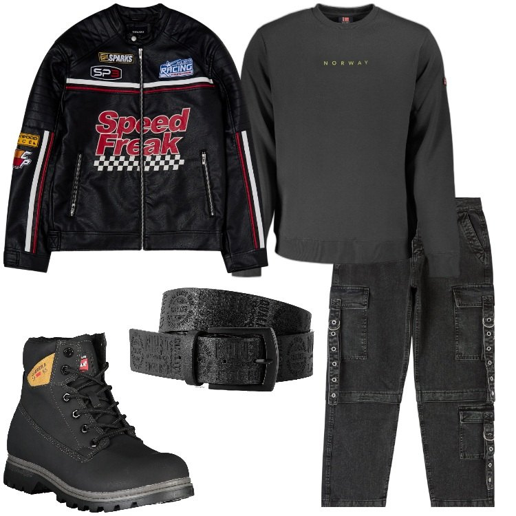 Outfit uomo - Dettagli in ecopelle. Stile Biker Rock per Tutti i giorni. Abbinamento con cinture, jeans, giacche, felpe, stivali.