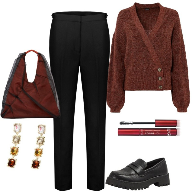 Outfit donna - Total look #1995110. Stile Casual per Ufficio. Abbinamento con maglieria, mascara, mocassini, orecchini, pantaloni, shopping bag.