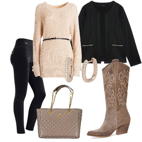 Outfit donna - Total look #1995111. Stile Casual chic per Ufficio. Abbinamento con orecchini, maglieria, pantaloni skinny, stivaletti texani, blazer, borse a spalla.