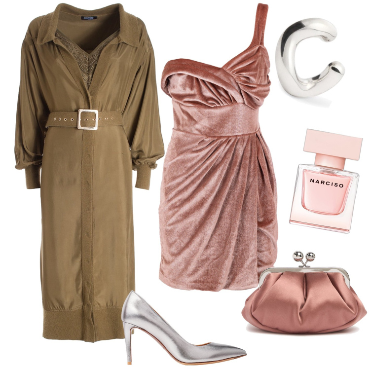 Outfit donna - Serata sotto al trench. Stile Glamour per Serata fuori. Abbinamento con profumi, vestiti midi/longuette, vestiti asimmetrici, décolleté, pochette, orecchini.