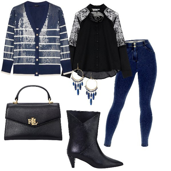 Outfit donna - Total look #1995123. Stile Chic per Ufficio. Abbinamento con camicie, jeggings, stivaletti, orecchini, borse a mano, cardigans.