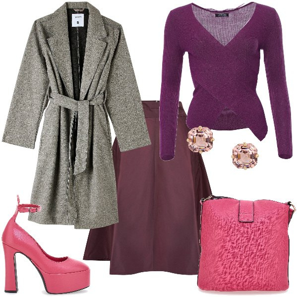 Outfit donna - Total look #1995126. Stile Chic per Ufficio. Abbinamento con cappotti, maglieria, orecchini, décolleté, gonne, borse a spalla.