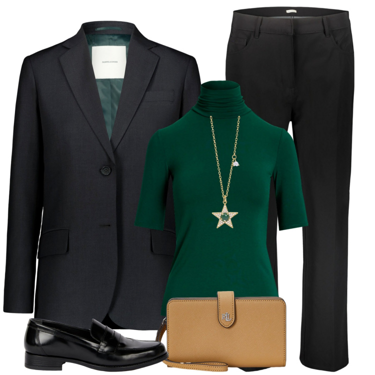 Outfit donna - In ufficio. Stile Minimal per Tutti i giorni. Abbinamento con collane, maglieria, pochette, blazer, pantaloni, mocassini.