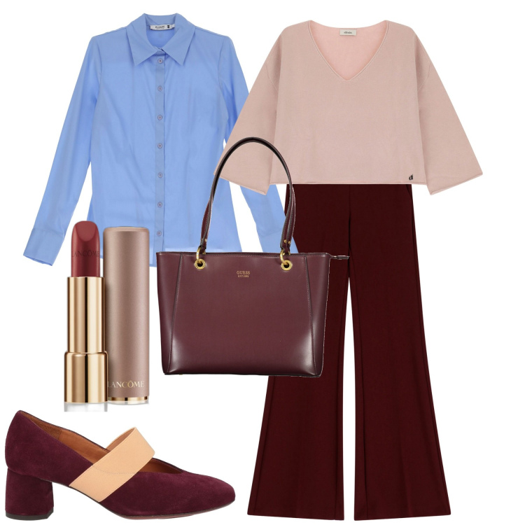 Outfit donna - City. Stile Trendy per Tutti i giorni. Abbinamento con décolleté, rossetti, camicie, pantaloni, maglieria, borse a spalla.