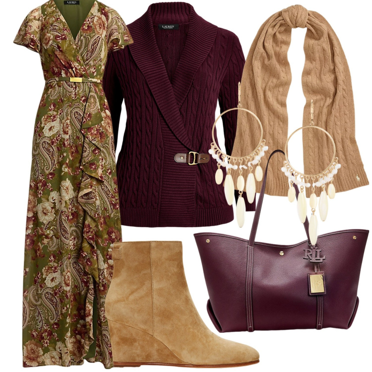 Outfit donna - Autumn vibes. Stile Boho per Tutti i giorni. Abbinamento con sciarpe, vestiti, borse tote, maglieria, orecchini, stivaletti.