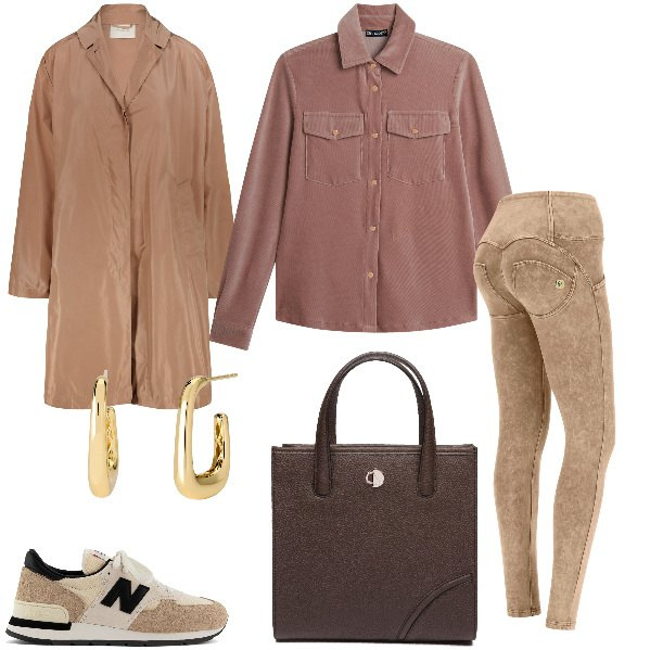 Outfit donna - Total look #1995140. Stile Casual chic per Ufficio. Abbinamento con orecchini, sneakers, pantaloni skinny, camicie, trench, shopping bag.