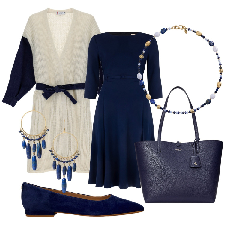 Outfit donna - Easy office. Stile Bon Ton per Ufficio. Abbinamento con cardigans, vestiti midi/longuette, ballerine, orecchini, collane, borse tote.