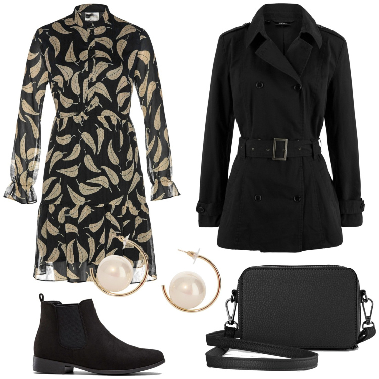 Outfit donna - Abito chemisier. Stile Chic per Serata fuori. Abbinamento con vestiti, stivaletti chelsea, borse a tracolla, trench, orecchini.