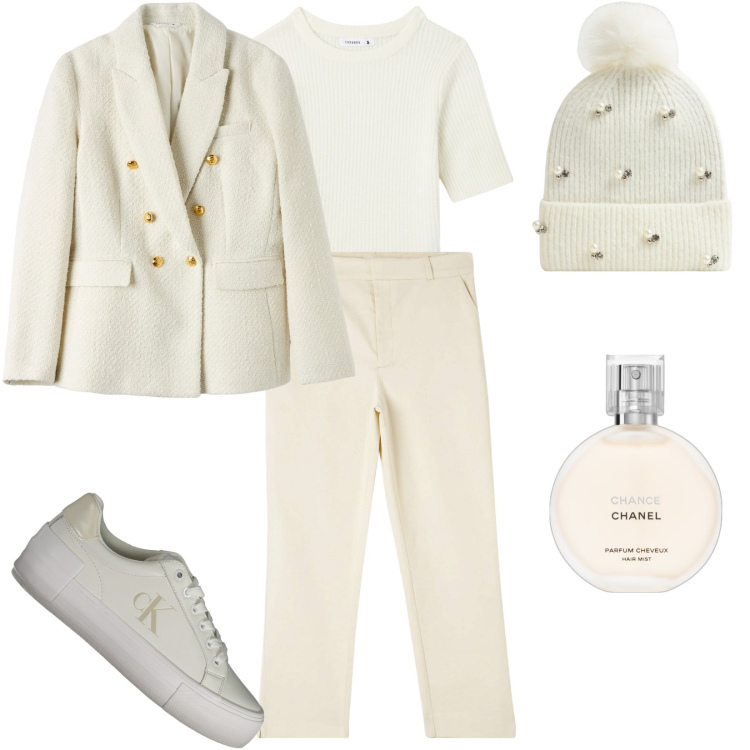 Outfit donna - Total look #1995156. Stile Sporty chic per Ufficio. Abbinamento con profumi, pantaloni chino, blazer, berretti, t-shirt, sneakers.