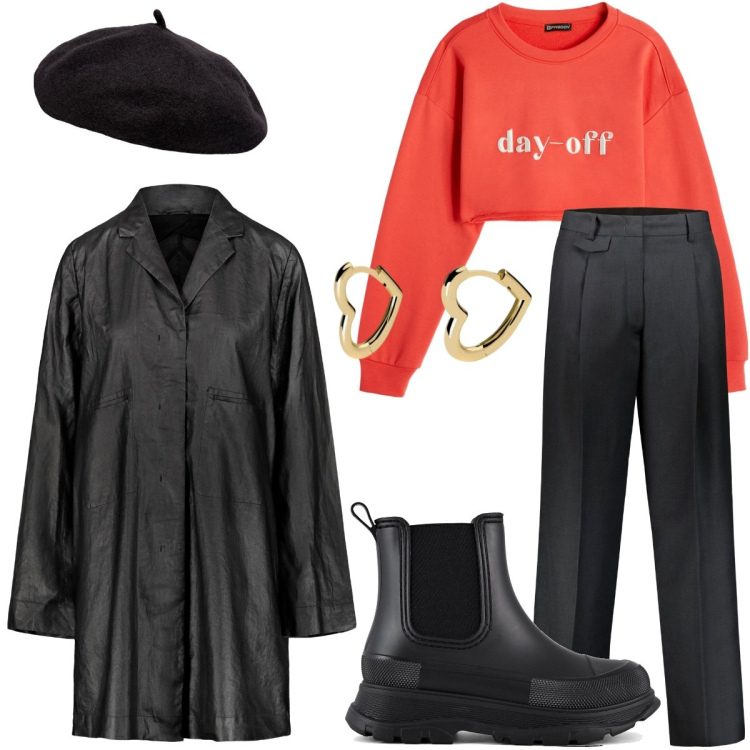 Outfit donna - Dolce amaro. Stile Urban per Tutti i giorni. Abbinamento con orecchini, felpe, pantaloni, stivali, trench, cappelli e berretti.