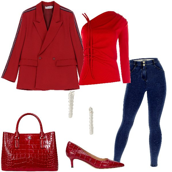 Outfit donna - Total look #1995172. Stile Glamour per Ufficio. Abbinamento con top, blazer, jeggings, orecchini, décolleté, borse a mano.