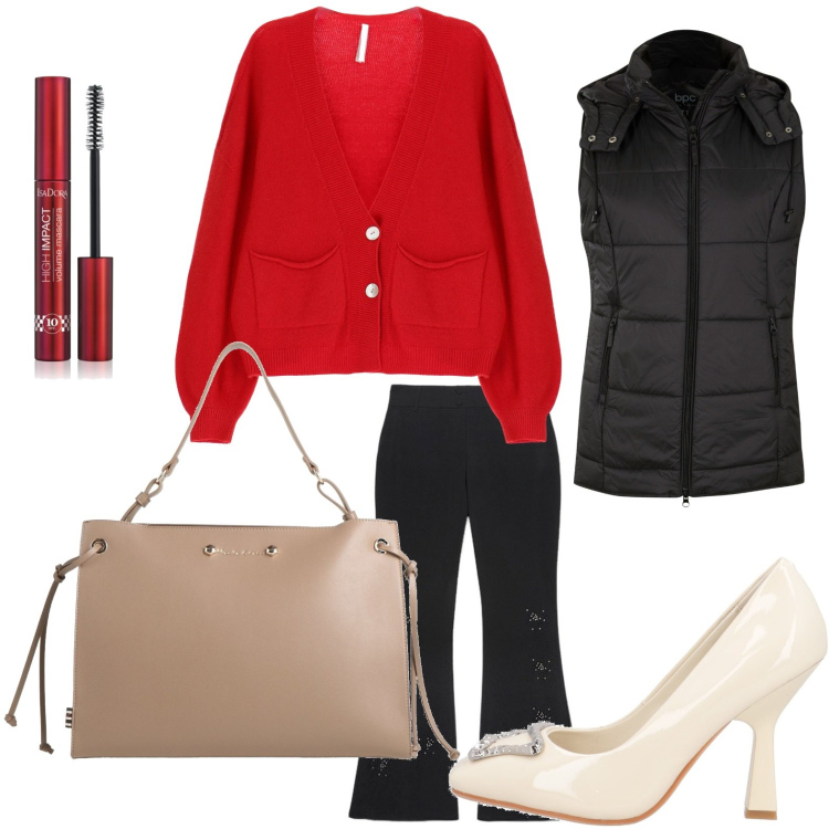 Outfit donna - Il pull rosso fuoco. Stile Casual per Tutti i giorni. Abbinamento con gilet, borse a mano, décolleté, mascara, cardigans, pantaloni.