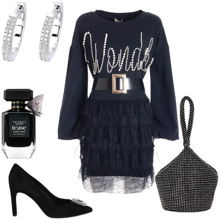 Outfit donna - Stasera brillo. Stile Glamour per Serata fuori. Abbinamento con décolleté, profumi, orecchini, pochette, vestiti, reggiseni.
