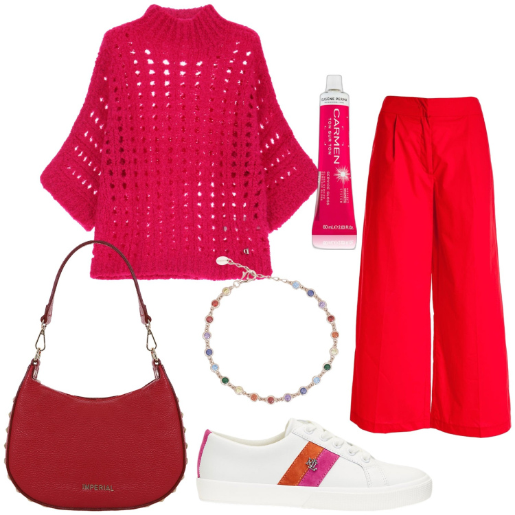 Outfit donna - Autunno in rosso. Stile Trendy per Tutti i giorni. Abbinamento con gloss, braccialetti, pullovers, pantaloni culotte, borse a spalla, sneakers.