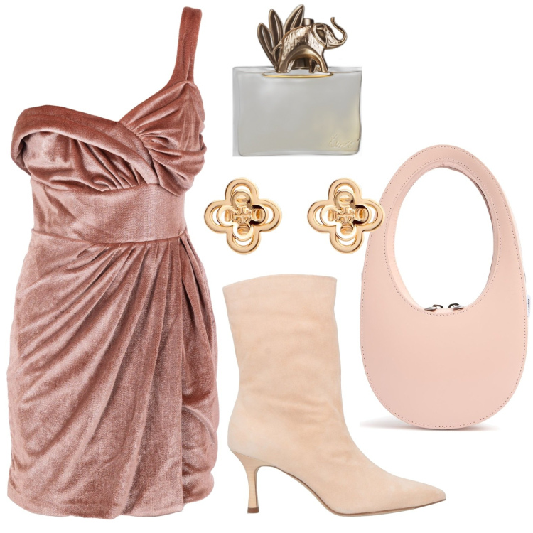 Outfit donna - Serata chic. Stile Chic per Serata fuori. Abbinamento con stivaletti, profumi, vestiti asimmetrici, orecchini, borse a mano.