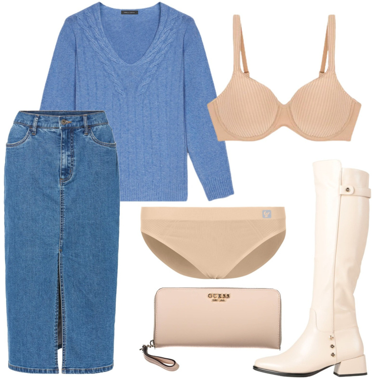 Outfit donna - Lo spacco di tendenza. Stile Casual per Tutti i giorni. Abbinamento con gonne lunghe, stivali, culotte, reggiseni, maglieria, portafogli.
