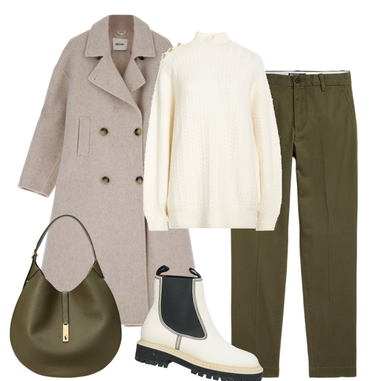 Outfit donna - City. Stile Casual chic per Tutti i giorni. Abbinamento con stivaletti chelsea, maglieria, pantaloni chino, borse a spalla, cappotti.