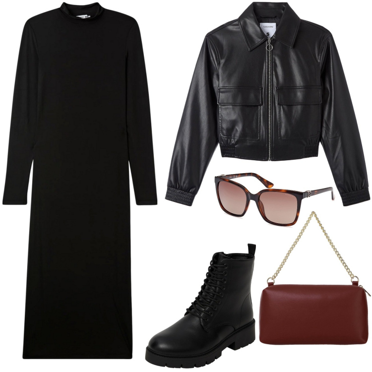 Outfit donna - Vestito versatile. Stile Trendy per Serata fuori. Abbinamento con borse a tracolla, vestiti lunghi, bomber, anfibi, occhiali da sole.