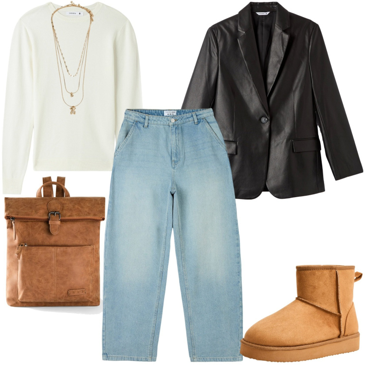 Outfit donna - Stupendi Jeans baggy Blu denim. Stile Casual per Scuola/Università. Abbinamento con zaini, jeans, stivali, blazer, ciondoli, maglieria.
