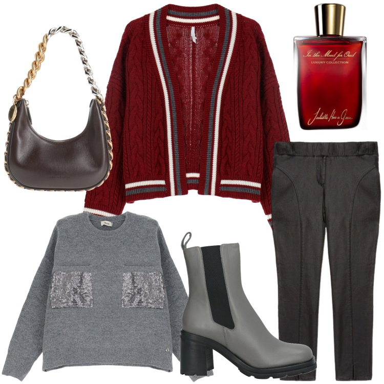 Outfit donna - Grigio fumè. Stile Glamour per Ufficio. Abbinamento con stivaletti chelsea, borse a mano, profumi, pullovers, cardigans, jeggings.
