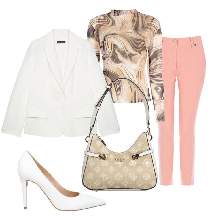 Outfit donna - Rosa, bianco e beige. Stile Casual chic per Serata fuori. Abbinamento con décolleté, maglieria, pantaloni skinny, blazer, borse a spalla.