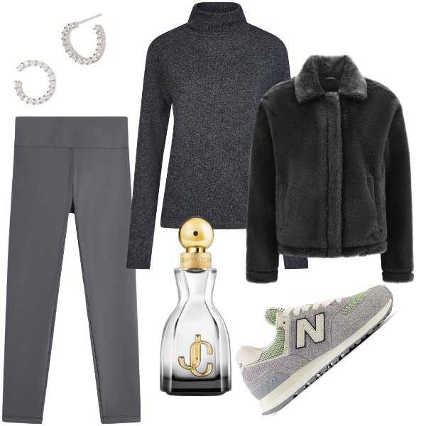 Outfit donna - Domenica pomeriggio in centro. Stile Urban per Tutti i giorni. Abbinamento con profumi, orecchini, sneakers, cappotti, leggings, maglieria.