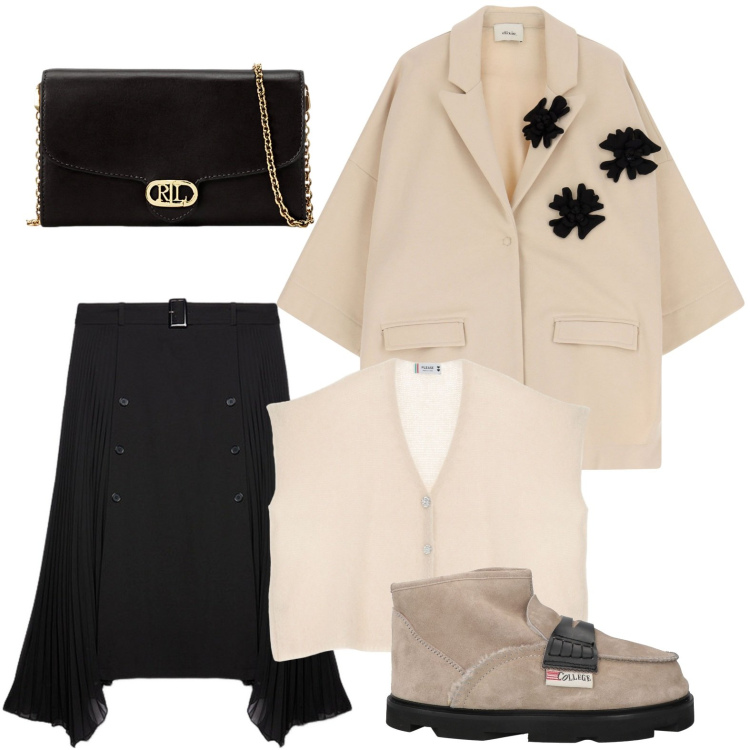 Outfit donna - Shopping day. Stile Chic per Tutti i giorni. Abbinamento con stivaletti, maglieria, blazer, borse a tracolla, gonne longuette.