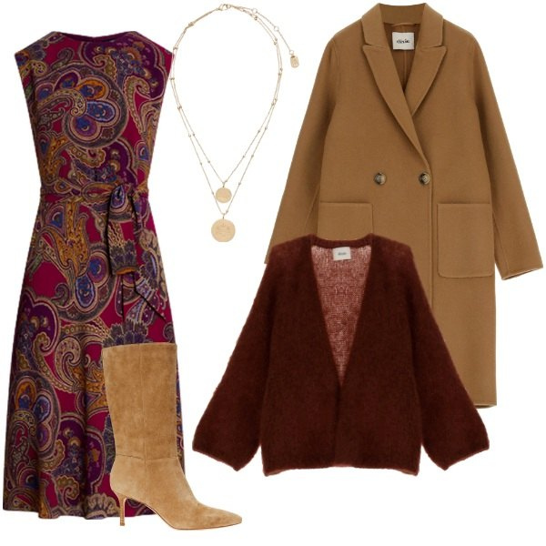 Outfit donna - Toni caldi e avvolgenti. Stile Casual chic per Tutti i giorni. Abbinamento con cardigans, cappotti, ciondoli, vestiti, stivali.
